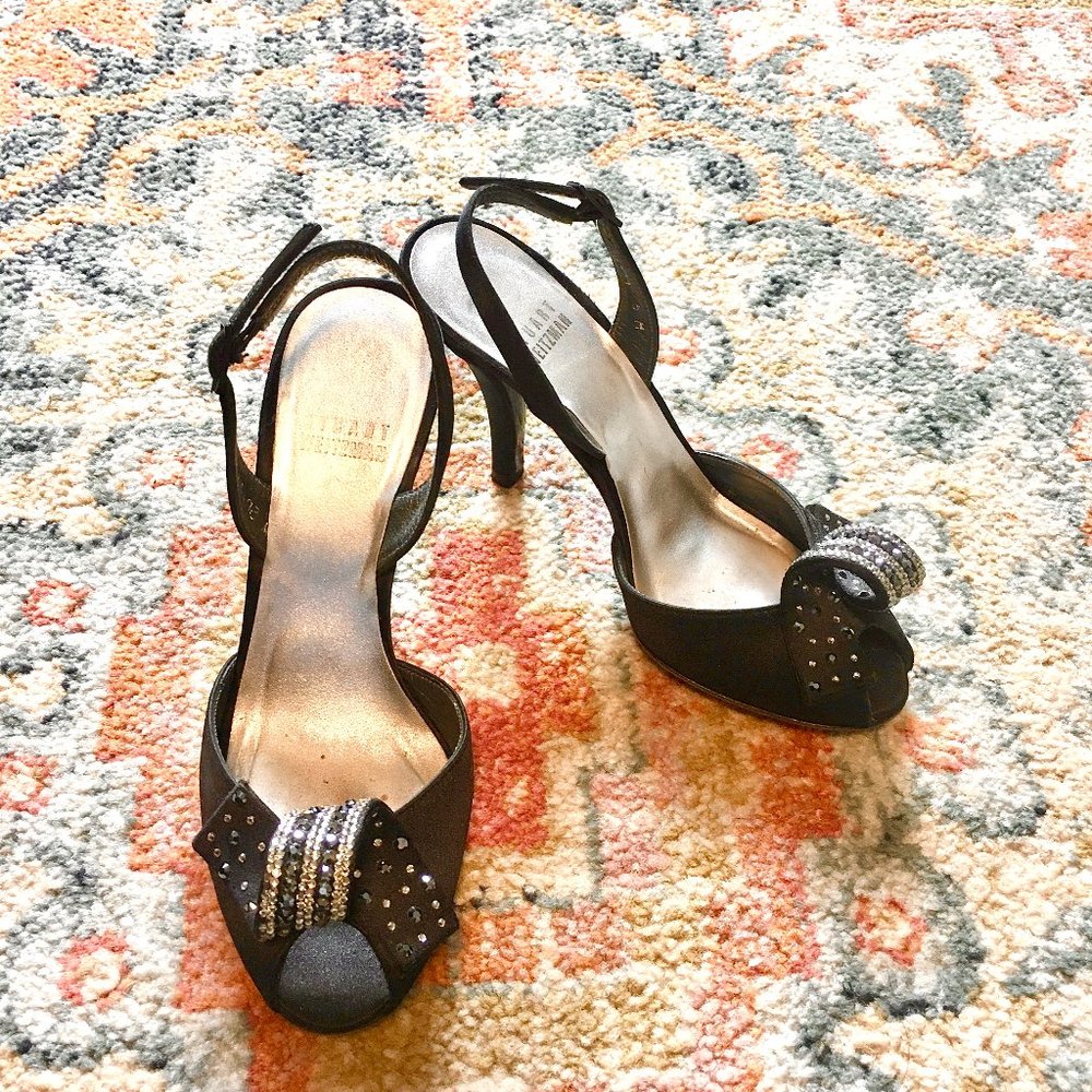 STUART WEITZMAN Black Satin Sling Back Pumps Heels Shoes Rhinestone Peep Toe 5 - Picture 1 of 9